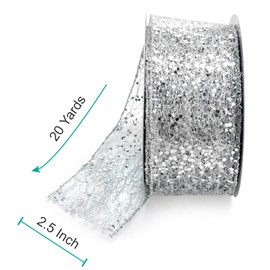 CT CRAFT LLC Sparkling Glitter Mesh Wired Ribbon 2.5" x 20 Yards Silver for Christmas Home Decor Bow Gift Wrapping DIY Crafts Wreath
