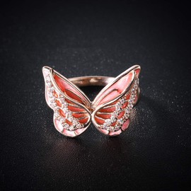 hsiyyecg Dainty Cute Flying Wings Butterfly Drop Glaze Enamel Pink Cubic Zirconia CZ Ring for Women, Rose Gold Plated Bow-Knot Rings Wedding Jewelry Gifts(8)