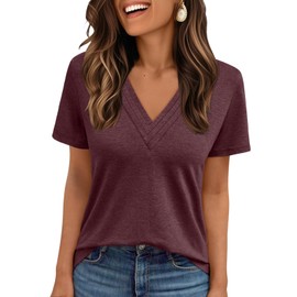 AUTOMET Short Sleeve V Neck T Shirts Womens 2025 Summer Tops Business Casual Dressy Cute Fashion Lightweight Loose Fit Work Tshirts Clothes Outfits Clothing Wine