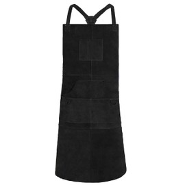 QeeLink Leather Welding Apron with 6 Pockets - Heat & Flame-Resistant Apron, 24'' X 42'', Adjustable M to XXXL (Black)