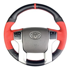 Hand-Stitch Wheel Wrap Side Red Perforated Leather&Matte Black Carbon Fiber Steering Wheel Cover for Toyota Tacoma 2012-2021 / 4Runner 2010-2021 / Tundra Sequoia 2014-2021 (Matte Carbon Fiber)