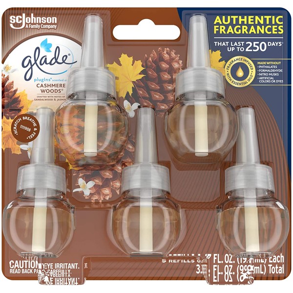 Glade PlugIns Refills Air Freshener, Scented and Essential Oils for Home and Bathroom, Cashmere Woods, 3.35 Fl Oz, 5 Count