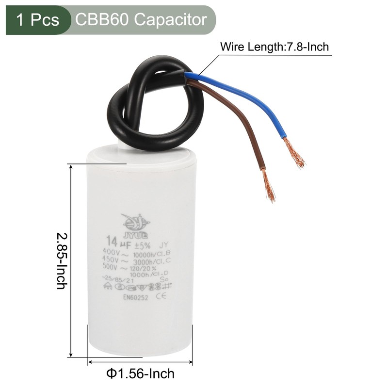 YOKIVE 14uF CBB60 Capacitor with 2 Wires, AC 450V(White, 73x40mm)