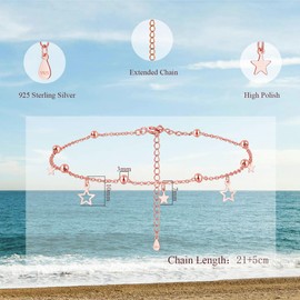 Josfeva Silver Anklets for Women, 925 Sterling Silver Women's Anklets Rosegold, Adjustable Summer Beach Barefoot Holiday Ladies Ankle Bracelet, Classic Fashion Waterproof Ankle Bracelets with Star