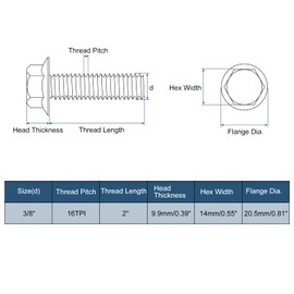 sourcing map 15Pcs 3/8-16 x 2" Flanged Hex Head Bolts, 304 Stainless Steel Flange Hexagon Screws, Flange Hex Drive Screws 5.8 Grade for Machinery Industry Home Appliances, Silver