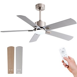 KENSID 48 Inch Ceiling Fans with Lights and Remote Control, Modern Ceiling Fan Light,5 blades,3 Color LED Light,6 Speed DC Motor,Indoor Outdoor Ceiling Fan for farmhouse,Bedroom,Brushed Nickel