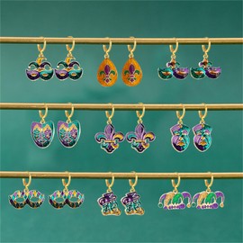 Dreuyet 9 Pairs Mardi Gras Earrings Hoops Glitter Fleur De Lis Feather Mask Crown Jester Hat Dangling Hoop Earrings Carnival Earrings Set Fat Tuesday Jewelry Accessories (9 Pairs Mardi Gras Earrings)