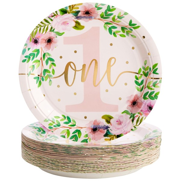 48-Pack Floral Paper Plates for Baby Girls 1st Birthday, First Birthday Decorations for Girl, One Birthday Plates, and Party Supplies for Floral Themed Celebration (9 in)