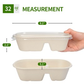 AICHEF 50 Pack 32 oz Large 2 Compartment Paper Bowls with Lids, Paper Meal Prep Containers with Compartment for Main Dish and Sides (50 Bowls 50 Lids)