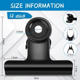 JEFFOUOO Pack of 12 Large Bulldog Paper Clips, 50 mm Bulldog Clips, Metal Clips, Multi-function Clip, Bulldog Binder Clip for Photos, Drawings, Crafts, Offices, Kitchen, Home, Black