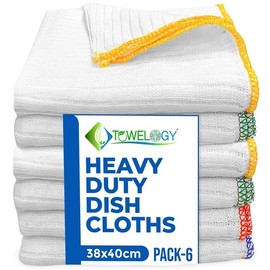 Towelogy Large Cotton Dish Cloths for Washing Up – Pack of 6 Odour Resistant Dish Towels (6, White)