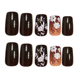 MIXFOSAHN Flower Press on Nails Medium Square Fake Nails Dark Brown False Nails with White Floral Designs Glossy Stick on Nails Full Cover Glue on Nails Spring Acrylic Nails for Women Girls 24 Pcs