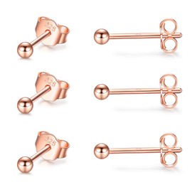 CERSLIMO Silver Stud Earrings for Women Men Girls, 3 Pairs Sterling Silver Tiny Ball Stud Earrings Small Dot Studs Dainty Cartilage Tragus Sleeper Earrings Set (2mm, Rose Gold)