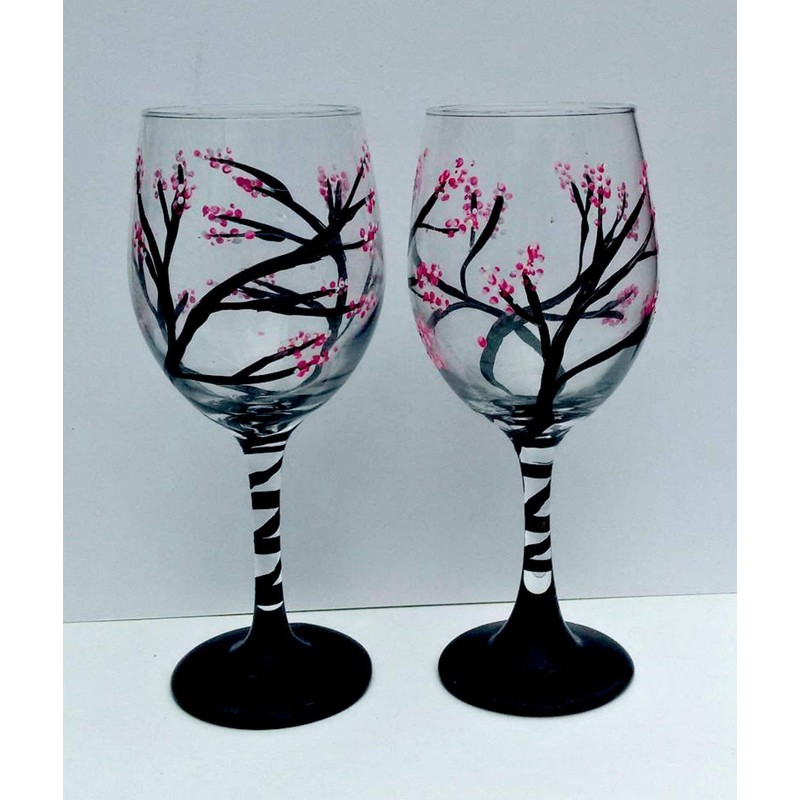 2 Pink Cherry Blossom Tree Stemmed Wine Glasses