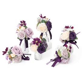 Ling's Moment Lilac Wedding Flowers Mini Bridesmaid Bouquets Set of 6 Light Purple Pre-Made Small Floral Lavender Rose Wedding Centerpieces - Lilac & Gold