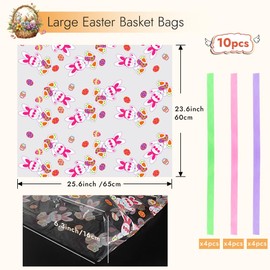 Shintop 10pcs Easter Basket Bags with Expandable Bottom, 23.6x25.6x6.3 Inch Large Cellophane Gift Wrap Bags with 12pcs Ribbons Clear Plastic Basket Covers for Toys Eggs Treats