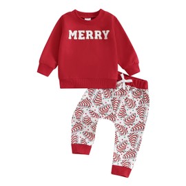 Lucikamy Toddler Baby Boy Girl Christmas Outfits Print Long Sleeve Tops Jogger Pants Sets Infant Xmas Fall Winter Clothes (Red-Tree, 0-6 Months)