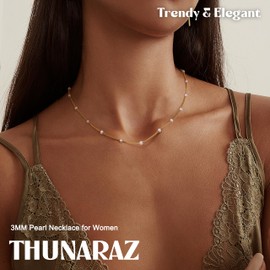 Thunaraz 14K Gold Pearl Necklaces for Women Silver Pearl Necklace Choker Pearl Necklaces Chain Necklace Simple Pearl Strand Necklaces Pearl Choker Necklaces for Women Golden Jewelry Gifts 16IN