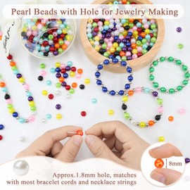 DUQGUHO Pearls for Bracelets 8mm Colorful Beads for Jewelry Making Fake Pearl Beads Plastic Crafts Beads with Holes 500PCS Hair Beads for Women Round Bulk Beads