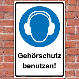 Sign "Gehörschutz tragen" ASR 1.3, Safety Sign 300 x 200 mm, Portrait Format, Sturdy Aluminium Composite Plate, 3 mm Thick, Includes 4 Corner Holes