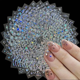 30 Sheets Aurora Nail Stickers for Nail Art Boho Nail Decals Holographic Moon Star Heart Bow Stickers for Nails 3D Self Adhesive Nail Art Supplies & Decorations for Women Girls