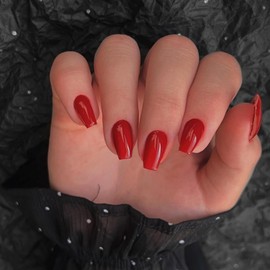 KQueenest Light Red Press on Nails Short Medium Coffin, Solid Color Fake Nails Nails Press ons, Acrylic Glue on Nails Short Ballerina With Glazed Finish, Acrylic Nails For Women 24 Pcs