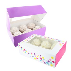 Baked with Love 650210 6/12 Cupcake Box, Twin Pack, Pink Confetti & Purple Windowed to Carry Tasty Treats, Includes Dual Insert for 6 Standard Cupcakes or 12 Mini Cupcakes, Pack of 2 Boxes