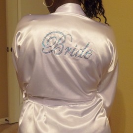 Womens Short Kimono Solid Satin Lounge Robe (3XL/4XL, White w Blue Bride Rhinestones)