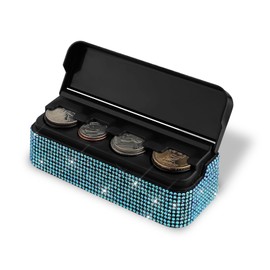 QZTYTY Bling Coin Holder for Car, Car Change Holder, Crystal Rhinestone Vehicle Change Organizer Box, Bling Car Interior Accessories Coin Dispenser Universal Fit Most SUVs Sedans Trucks (Lake Blue)