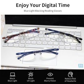 JM 3 Pack Rimless Reading Glasses for Men Women Blue Light Blocking, Rectangle Lightweight Frameless Computer Readers Anti Glare UV 400 (Strength 4.0 x)