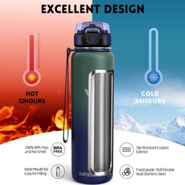Stainless Steel Water Bottle, 1 Litre BPA-Free, Thermos Flask, Leak-Proof, Double-Walled Insulation, Insulated Flask, Water Bottle, 18/8 Stainless Steel, Thermos Flask for Hiking, Running, School