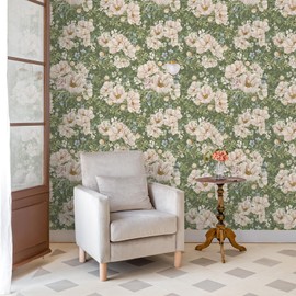VEELIKE Vintage Peonies Wallpaper Green Floral Peel and Stick Wallpaper for Bathroom Bedroom 17.7''x354'' Removable Botanical Wall Paper Self Adhesive Green Floral Contact Paper for Cabinets Walls