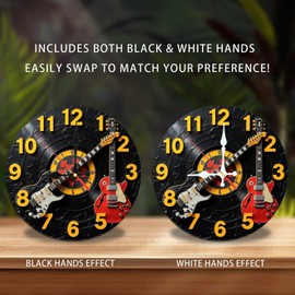 Lancholy Vintage Vinyl Record Guitar Clock Wall Decor 10-Inch Wooden Wall Clock, Silent Movement, Battery Operated (AA Batteries Not Included), Artistic Home Decor, Perfect for Home Accents