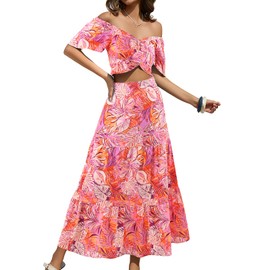 DRESSTELLS Women's 2 Piece Skirt Set, Floral Skirt Set Outfits Suit, Top & Long Skirts, Casual Boho Summer Dress 2025, Orange Floral, Large