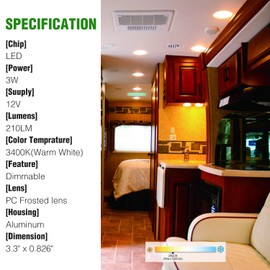Homdec 12 Volt RV LED Recessed Ceiling Light, 3-Inch RV Puck Light, Dimmable 4W 3500K Warm White, RV Flush Mount Interior Light for RV Boat Trailer Camper Motorhome Truck Yacht Van,1Pack
