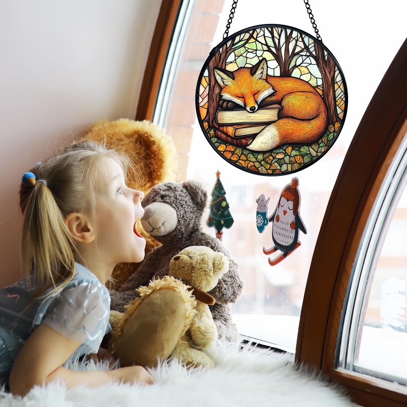 Fox Stained Glass Window Hanging, Book Lovers Sun Catchers Indoor