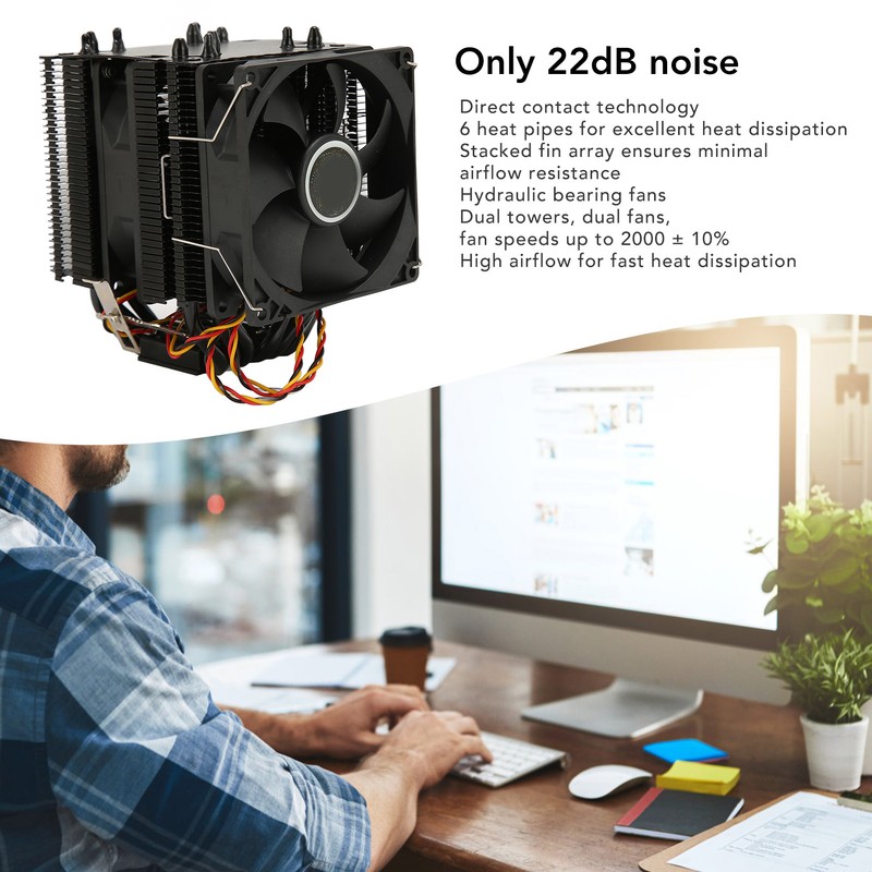 CPU Cooling Fan 6 Heat Pipes Quiet 3 Pin PC