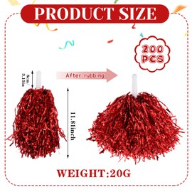 Jerify 200pcs Cheerleading Pom Poms Bulk Metallic Foil Cheerleader Pom Poms with Baton Handle Plastic Cheer Pompom Cheering Hand Flowers for Sports Squads Dance Party Basketball (Red)