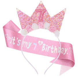 SUBTAVIK 7th Birthday Decorations, Girl Headband Flower Princess Crown Hairband Glitter Pink Birthday Girl Sash for Girls Party Decorations Gift