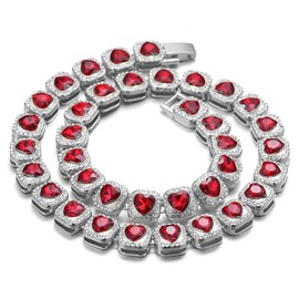 Halukakah Diamond Cuban Chain for Men, 13 mm, 18 K Real Gold Plated/Platinum Plated, Loving Heart, Ruby Diamond Necklace Bracelet, Prong Set, Laboratory Diamonds, with Free Gift Box, Brass, No