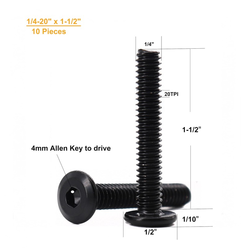 binifiMux 10pcs 1/4"-20 x 1-1/2" Black Rivet Countersunk Socket Cap