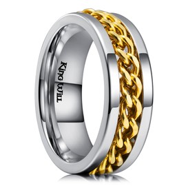 King Will 8mm Silver Spinner Ring Stainless Steel Fidget Ring Anxiety Ring For Men Gold Curb Chain Inlay 10.5
