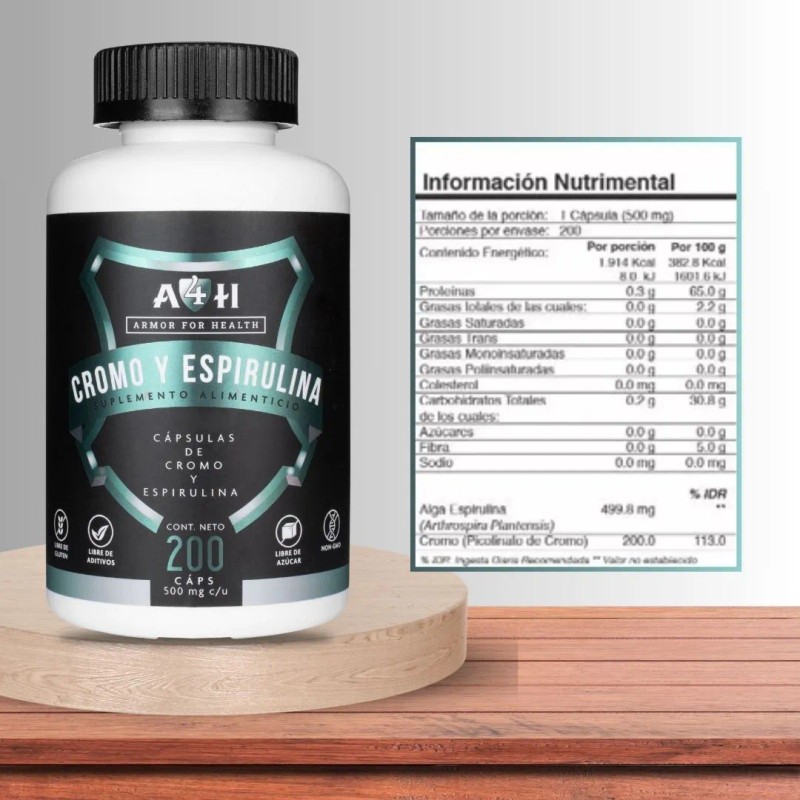200 Capsulas Picolinato D Cromo 200mcg Espirulina A4h Sabor Sin