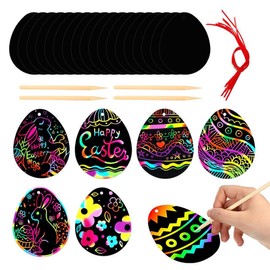 NOPKESV Pack of 12 Easter Scratch Pictures, Easter Eggs, Scratch Pictures, Children's Easter Craft Set, Children with Wooden Pens, Ribbons for Easter Decoration, Party, Party Bags, Easter Eggs,