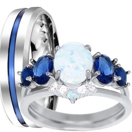 LaRaso & Co His Her Wedding Set 3 Piece TRIO Opal Sapphire CZ Silver Rings for Women Steel Men 8/9