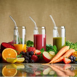 Set of 6 Ribbed Can Shaped Glass Cups with Glass Straws - 16oz Can Glass Drinking Glasses, Iced Coffee & Ice Tea Glasses, Clear Kitchen Tumbler Cup Cocktail Glass for Soda, Kiddush Cups & Sets