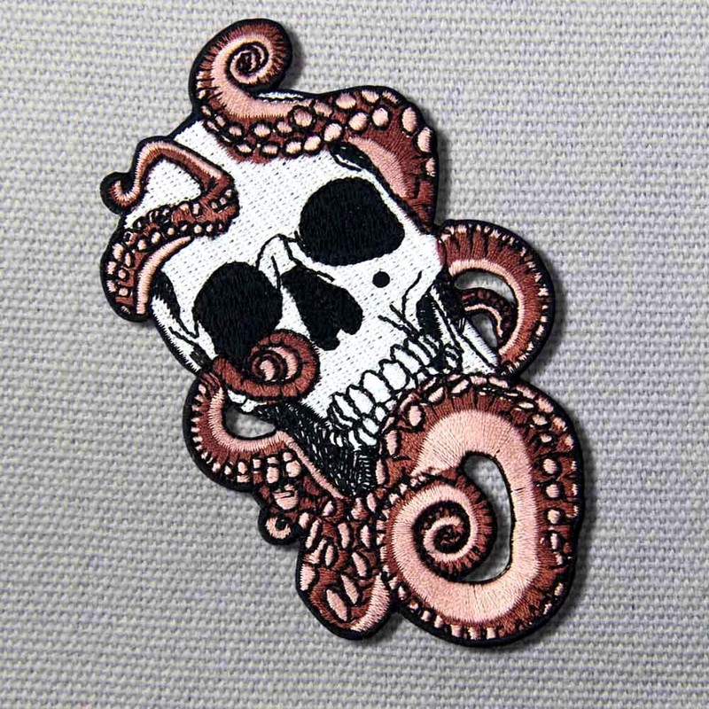 Octopus and Skull Embroidered Badge Iron on or Sew on