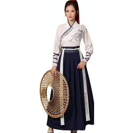 Lady Lazy Unisex Han Clothing Set, Kimono, Hakama, Kimono, Long, Taisho Roman, Ethnic Costume, Navy, White, Navy (M)