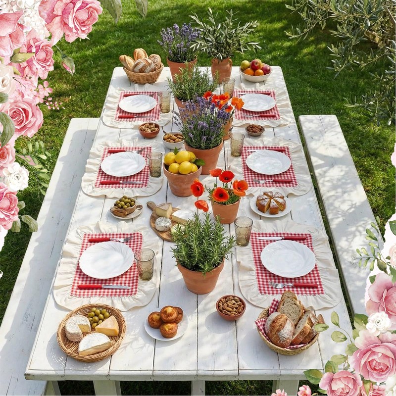 Set of 6 Rectangle Red Gingham Placemats Red White Checkered