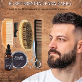 DUAIU -Kit de cuidado de barba para hombres, incluye aceite y bálsamo para barba, cepillo de cerdas de jabalí, peine multiusos y tijeras para recortar